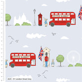 Peter Rabbit London Street Grauer bedruckter Stoff aus 100 % Baumwolle